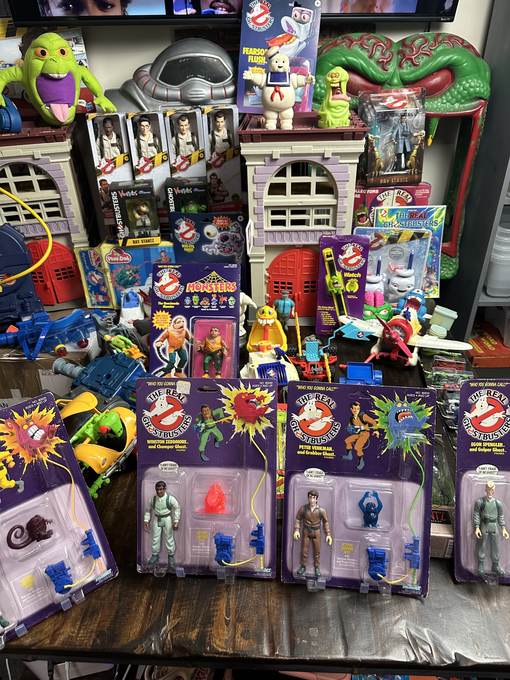 Vintage Real Ghostbusters collection — firehouse playsets, carded Kenner figures, Slimer and ghosts